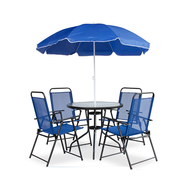 Hazlo 6 Piece Outdoor Dining Glass Patio Table Chair Umbrella Set - Blue